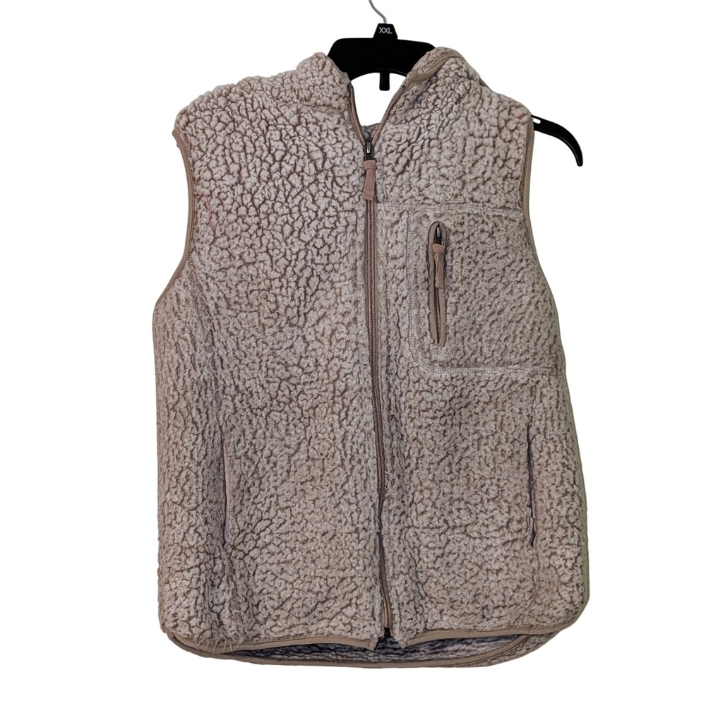 Thread Supply Sherpa Fleece‎ Hooded Vest Tan Full Zip Pockets Size Small